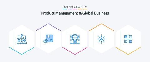 gerenciamento de produtos e negócios globais 25 pacote de ícones azuis, incluindo foco. escolha. engrenagem. candidato. geração vetor