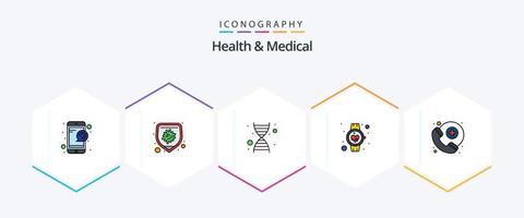 pacote de ícones de 25 linhas preenchidas de saúde e medicina, incluindo assistência médica. relógio inteligente. dna. pulso. assistência médica vetor