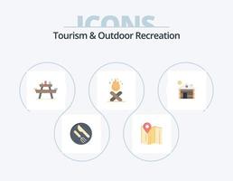 turismo e recreação ao ar livre plana icon pack 5 design de ícone. hotel . acampamento. banco. fogueira. piquenique vetor