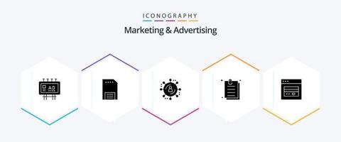 pacote de ícones de 25 glifos de marketing e publicidade, incluindo cartão. papel. folheto. documento. rede de marketing vetor