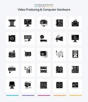 produção criativa de vídeo e pacote de ícones preto sólido de 25 glifos de hardware de computador, como mãe. principal. gráficos. computador. poder vetor