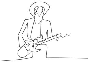 um desenho de linha contínua de um homem com um violão tocando um bom som. apresentar para entreter o público. divirta-se com música. conceito do executor desenho de uma linha contínua. ilustração vetorial vetor