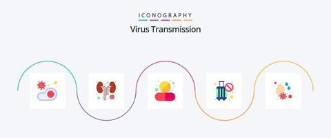 pacote de ícones plana 5 de transmissão de vírus, incluindo sabão. parar. cápsula. sem viagens. banimento vetor