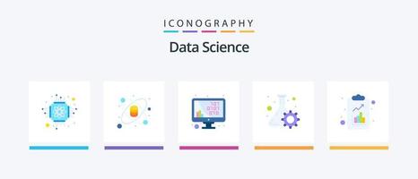 data science flat 5 icon pack incluindo ciência. dados. código. frasco. monitor. design de ícones criativos vetor