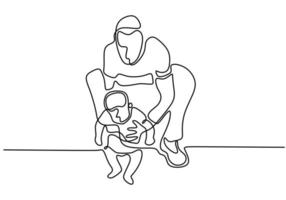 contínuo único desenhado uma linha pai segurando o bebê. pai ensina a criança a andar. cuidar de seu filho. estilo de minimalismo de conceito de tempo para a família.
