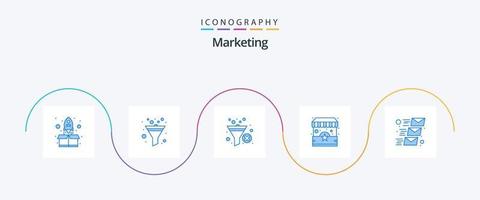 pacote de ícones de marketing azul 5, incluindo correspondência. e-mail. funil. ficar em pé. comprar vetor