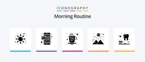 pacote de ícones de glifo 5 de rotina matinal, incluindo dentes. escovar. chá. montanha. pôr do sol. design de ícones criativos vetor