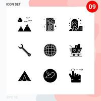 9 conceito de glifo sólido para sites móveis e aplicativos, reparo, construção de blog, escritor ajustável, elementos de design de vetores editáveis