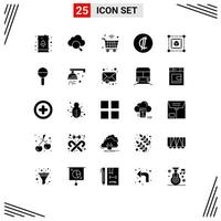 grupo de símbolos de ícones universais de 25 glifos sólidos modernos de caixa, carrinho de moeda, costa wifi, elementos de design de vetores editáveis