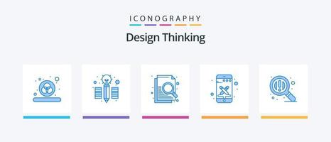 design thinking pacote de ícones azul 5 incluindo . ampliação. procurar. procurar. ferramentas. design de ícones criativos vetor