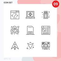 pacote de interface do usuário com 9 contornos básicos de folhetos de contato para acampamento, publicidade, coração, elementos de design de vetores editáveis