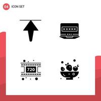 4 conceito de glifo sólido para sites móveis e aplicativos seta vídeo segurança laptop alimentos editáveis elementos de design vetorial vetor