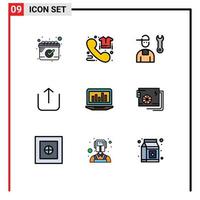 pacote de interface do usuário de 9 cores planas básicas de linhas preenchidas de gráfico de upload de avatar para cima elementos de design de vetores editáveis