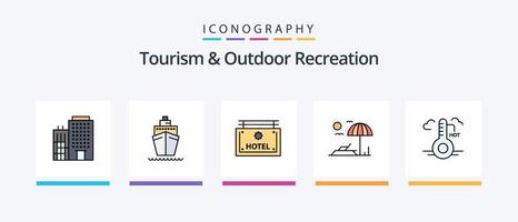 a linha de turismo e recreação ao ar livre preencheu o pacote de 5 ícones, incluindo hot. direção. ar . quadro. hotel. design de ícones criativos vetor