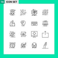 conjunto moderno de 16 contornos e símbolos, como elementos de design de vetores editáveis de foco de homem de caixa de alvo de amor