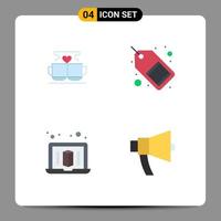 4 conceito de ícone plano para sites móveis e aplicativos, etiqueta de venda de copo, impressora de mercado de coração, elementos de design de vetores editáveis