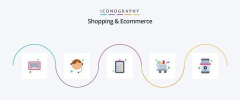 pacote de ícones de 5 planos de compras e comércio eletrônico, incluindo loja. avaliação. lista. carrinho. compras vetor