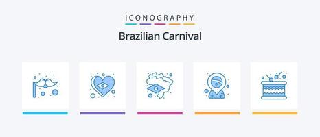 carnaval brasileiro azul 5 pacote de ícones incluindo som. tamborim. bandeira. tambor. alfinete. design de ícones criativos vetor