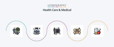 cuidados de saúde e linha médica cheia de pacote de 5 ícones planos, incluindo maçã. curativo. quadro. banda. hospital vetor