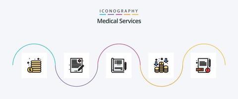 linha de serviços médicos preenchida com 5 ícones planos, incluindo . relatório. assistência médica. médico. renda vetor