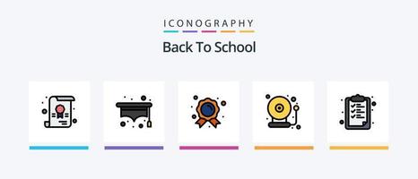 linha de volta à escola cheia de 5 ícones, incluindo biblioteca. livros. chapéu. de volta à escola. diploma. design de ícones criativos vetor