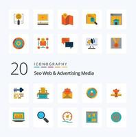 20 seo web e pacote de ícones de cores planas de mídia publicitária, como gps, segmentação de público-alvo, e-mail de destino de anúncio vetor