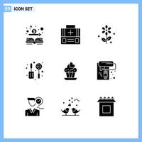 conjunto de 9 sinais de símbolos de ícones de interface do usuário modernos para pintura de parede bolo flor cupcake skimmer elementos de design de vetores editáveis