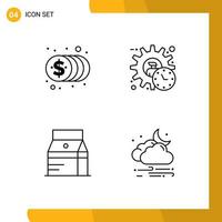 conjunto de 4 sinais de símbolos de ícones de interface do usuário modernos para moedas, garrafa, gerente de dinheiro, comida, elementos de design de vetores editáveis