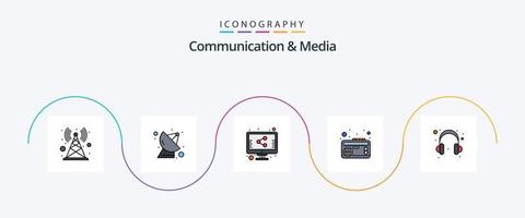 comunicação e linha de mídia cheia de pacote de ícones plana 5, incluindo ajuda. áudio. arquivo. música. rádio vetor