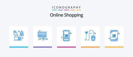 pacote de ícones azul 5 de compras on-line, incluindo comércio eletrônico. carrinho. mais. on-line. móvel. design de ícones criativos vetor