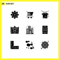 conjunto de pictogramas de 9 glifos sólidos simples de roupas de vida de celular elementos de design de vetores editáveis de negócios da cidade