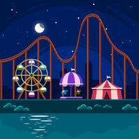 Parque de diversões com o roller coaster no vetor da noite