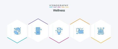 Wellness 25 Blue Icon Pack incluindo spa. velas. exercício. dormir. travesseiro vetor