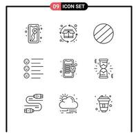 pacote de 9 sinais e símbolos de contornos modernos para mídia impressa na web, como ampulheta, shopping de bola móvel, emojis, elementos de design vetorial editáveis vetor