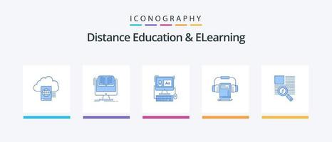 educação a distância e pacote de ícones azul 5 elearning, incluindo linha. fone de ouvido. livro. áudio. edição. design de ícones criativos vetor