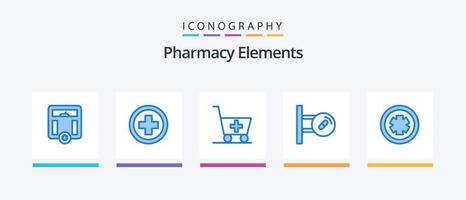 Pacote de ícones de elementos de farmácia azul 5, incluindo remédios. medicamento. carrinho. pílulas. médico. design de ícones criativos vetor