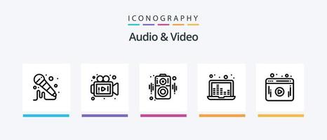 pacote de ícones de linha 5 de áudio e vídeo, incluindo . jogador. microfone. rede. vídeo. design de ícones criativos vetor