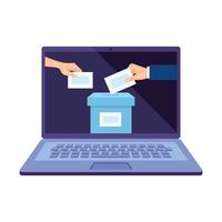 laptop para votação online com urna eleitoral e mãos vetor