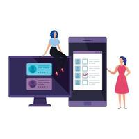 mulheres de negócios com computador e smartphone para votar online vetor