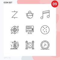 conjunto de esboço de interface móvel de 9 pictogramas de álbum de monitor de educação público-alvo elementos de design de vetores editáveis