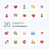Pacote de ícones de 20 cores planas de amor, como foto de amor, câmera de amor de café vetor