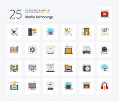 tecnologia de mídia pacote de ícones de 25 cores planas, incluindo toque de mão. radar de antena. filme. satélite. nuvem vetor