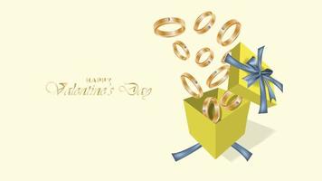 feliz dia dos namorados fundo com anéis realistas e objetos de design de caixa de presente vetor