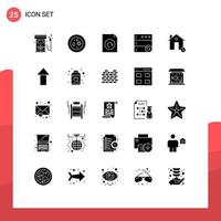 conjunto de glifos sólidos de interface móvel de 25 pictogramas de cancelar pesquisa de prato de servidor recarregar elementos de design de vetores editáveis