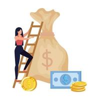 mulher com bolsa de dinheiro e escada