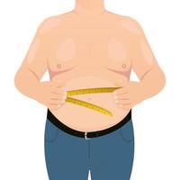 um homem mede sua barriga gorda com uma fita métrica. em um fundo branco vetor