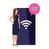 mulher de negócios elegante com smartphone e sinal wi-fi vetor