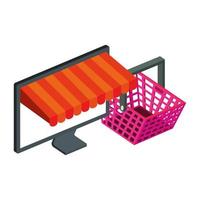 cesta de compras e computador com guarda-sol vetor