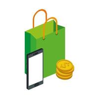 sacola de compras com smartphone e moedas de pilha vetor