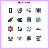 pacote de interface do usuário de 16 linhas básicas cheias de cores planas de arquivos de comida mensagem favorita do computador elementos de design de vetores criativos editáveis